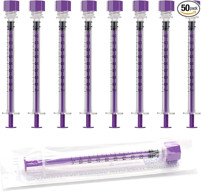 1ml/cc Syringes with Cap - Plastic Purple Syringe for Liquid, Feeding, Individually Wrapped, Pack of 50