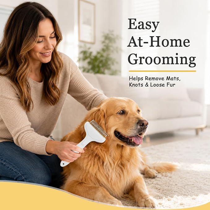 Dog Brush and Cat Deshedding Rake, Pet Grooming Tool for Shedding with Rounded Stainless Steel Teeth, Comfortable Grip for Long or Thick Coats (Style 2 White)