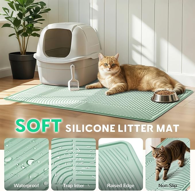 Pawtasy Cat Litter Box Mat,40" x 28" Extra Large Silicone Waterproof Litter Trapping Mat for Scatter Control Soft on Kitty Paws Non-Slip Easy to Clean