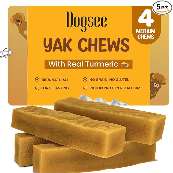 Dogsee Himalayan Yak Chews with Turmeric/Curcumin (Medium - 4 Chews) 60% Protein Yak Chews for Large Dogs, Dog Treats Helps Joint Pain Rawhide-Free