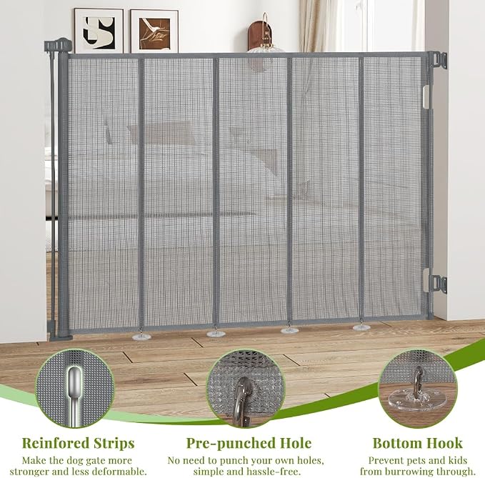 47" Extra Tall Retractable Baby Gates, Extends to 59" Wide, ExtraTall Retractable Safety Gate with Reinforced Strips, Retractable Tall Dog Gates for Doorways Mesh Baby Pet Gates Indoor, Grey