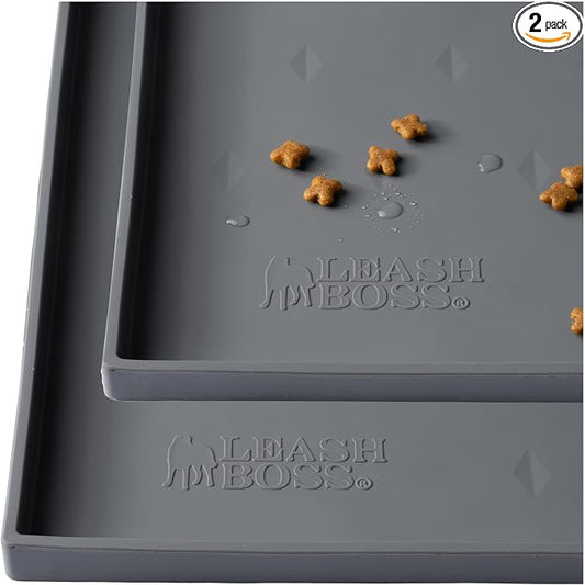 Leash Boss Dog Food Mat - 2-Pack, Waterproof Cat & Dog Bowl Mat for Food and Water, Silicone Pet Feeding Mats for Floors, Non-Slip Placemat with High Edges, Puppy Essentials (Small: 18"x11", Gray)