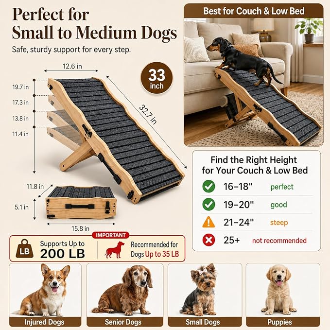 2026 Upgraded Dog Ramp for Couch & Low Bed, 33" L Folding Wood Pet Ramp 200LB Capacity, 4-Level Adjustable Height 11"-20", Non-Slip Sturdy Puppy Ramp for Small & Senior Dogs, Joint Relief, Wavy Design