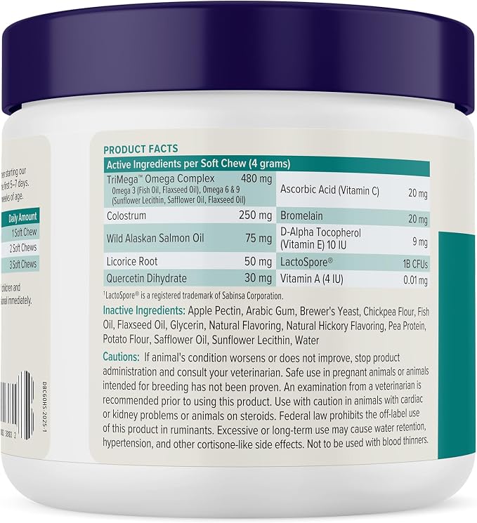 Vetnique DermaBliss Vet-Formulated Dog Allergy Chews for Seasonal Itch Relief, Skin, Coat & Gut Health, Omega 3 + Probiotic Anti-Itch Soft Chew Supplement for Dogs (60ct, Regular Strength Chews)