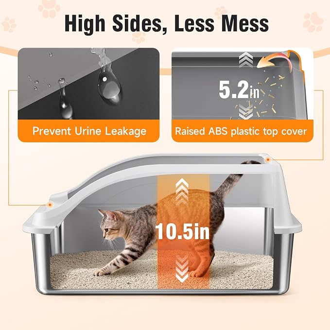 2PACK Stainless Steel Cat Litter Boxes, XL Large Metal Litter Box with High Sides Lid, Odor Free Litter Pan Include Scoop Easy Cleaning Anti-Scratch Kitty Cat Box Anti-Urine Leakage, Non-Sticky