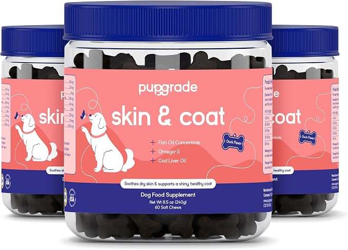 PupGrade Skin & Coat Soft Chew Supplement for Dogs – Supports Healthy Skin, Coat, and Immune Function - Rich in Natural Fish Oil, Omega Fatty Acids, and Vitamins – 180 Soft Chews