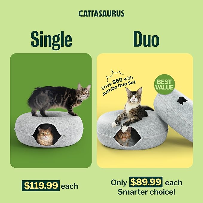 Cattasaurus Peekaboo Cat Cave Duo Jumbo Set, Extra Spacious Cat Donut for Multiple & Large Kitty 15+ lbs, Scratch Detachable Cat Beds for Indoor Cats, Washable Cat Tunnel Bed, Best Kitten Toys
