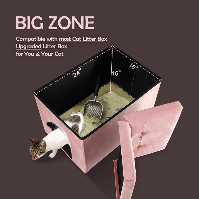 MEEXPAWS Cat Litter Box Enclosure Furniture Hidden Large, Lift Design Lid Velvet Cat Washroom Bench Storage Cabinet |25.6x 17.7 x 17.7 in|Dog Proof|Urine Proof Inside|Quick Assembly| Easy Clean(Black)