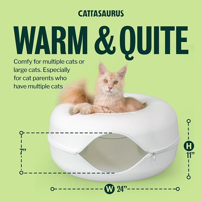 Cattasaurus Peekaboo Cat Cave Donut for Multiple & Large Cats up to 30-45 lbs, 3-in-1 Self Warming Cat Bed, Tunnel & Scratcher for Indoor Cats, Washable & Detachable Small Dog Bed (White, Large)