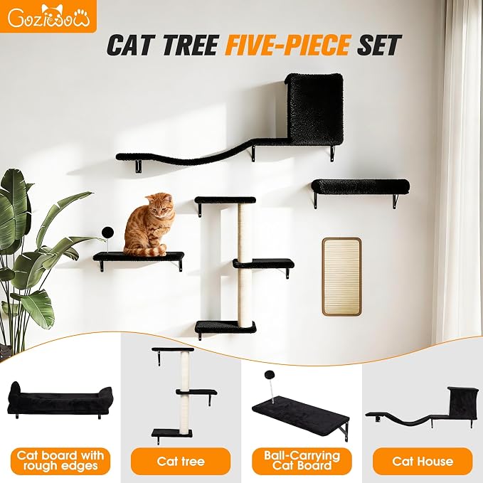 COZIWOW 5-Piece Cat Tree Set with Wall Mounted Cat Shelves, Cat Scratching Post & Cat Wall Furniture, Multi-Functional Indoor Cat Jungle Gym, Essential for Cat Room, Suitable for Large Cats (Black)