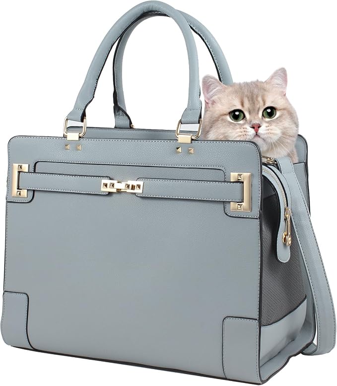 Fashion Dog Purse Carrier for Small Dogs and Cats with 2 Large Pockets PU Leather Pet Carrier Cat Carrier TSA Airline Approved Puppy Kitten Purse Carrier for Travel Hiking Road Trip, Grey
