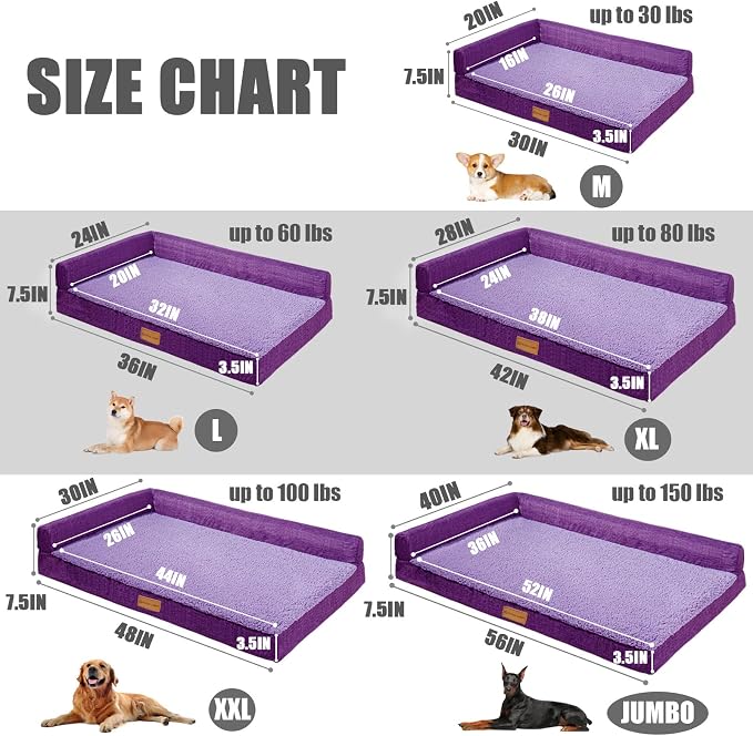 Patas Lague Orthopedic Jumbo Dog Bed for Extra Large Dogs 56''X40'', Waterproof L Bolster Jumbo Pet Sofa Beds with Removable Washable Cover, Soft Pet Couch Crate Mat with Nonskid Bottom, Purple