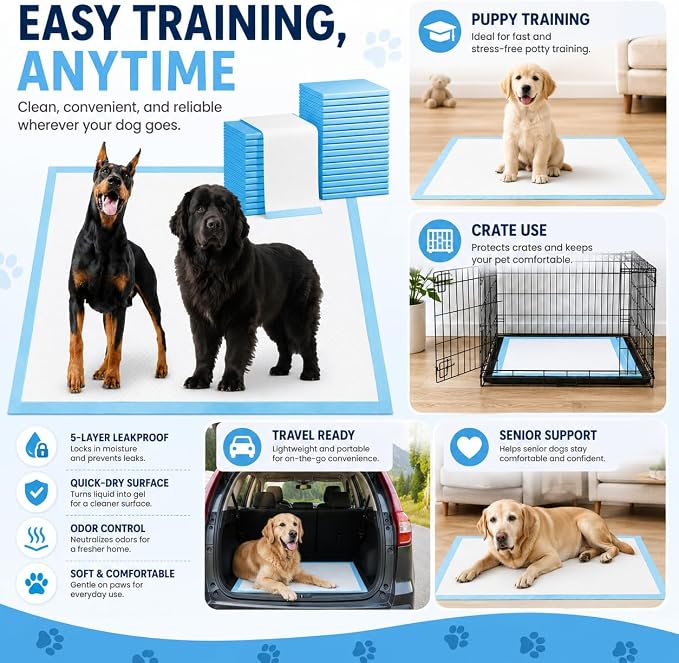 Bulubaky Heavy Absorbent Enormous 54"x37" Pee Pads for Large Dogs, Quick Dry Disposable Puppy Pee Pads, Thicken Strong Leak-Proof Backing Dog Pads 150Counts