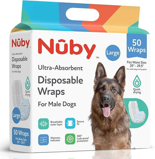 Nuby Pets Disposable Male Dog Wraps with Wetness Indicator, Absorbent & Leak-Resistant Belly Bands for Male Dogs, Large (25–29.5” Waist), 50 Count