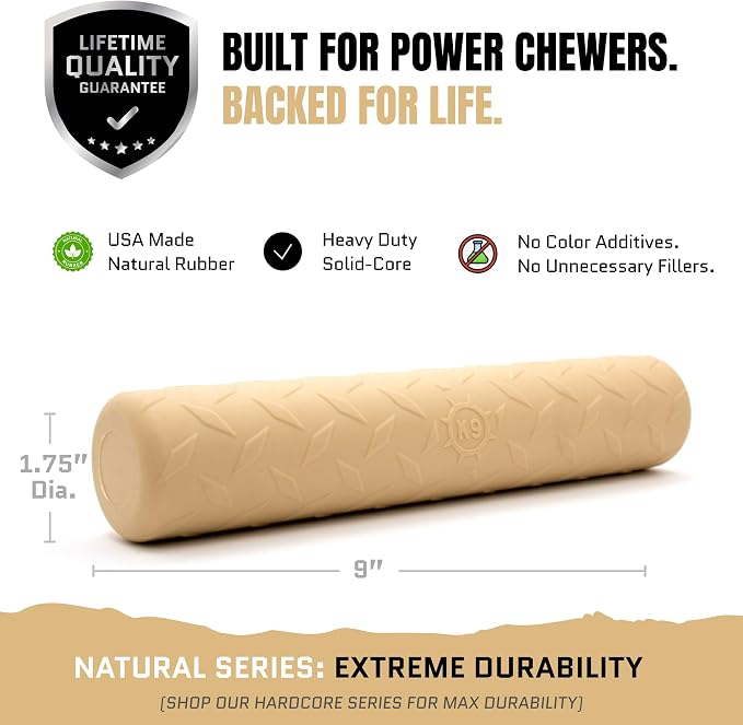 Monster K9 Indestructible Natural Series Chew Stick - Backed for Life - No Color Additives, Minimal Fillers, Safe Non-Toxic Rubber - Durable Toy for Aggressive Chewers - USA Made - 9"x2" Solid-Core