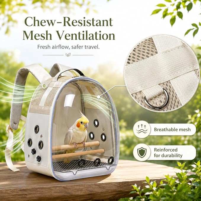 Bird Carrier Backpack for Small Medium Birds, Bird Travel Cage with Adjustable 2 Wooden Perches, Removable Tray, Feeder Cups Sunshade Cover,Bird Backpack for Parakeet Cockatiel Conure Quaker Lovebird