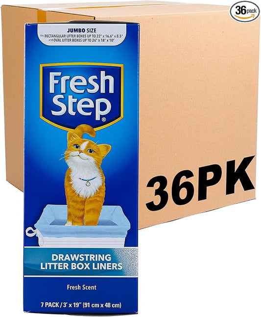 Fresh Step Jumbo Drawstring Cat Litter Box Liners Scented Heavy Duty Kitty Litter Bags X-Large Oval or Rectangle Pans Easy Lift Out Cleanup 36 x 19 IN 7 Count 36 Pack Scented Bulk Multi-Pack