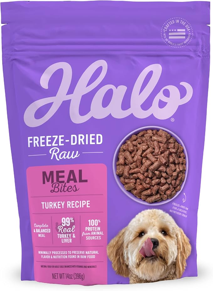 Halo Freeze-Dried Raw Dog Food, Turkey Recipe Meal Bites, Grain Free Real Meat Nutrition & Natural Energy, 100% Animal Protein Source for Adult Dogs, 14 oz Bag