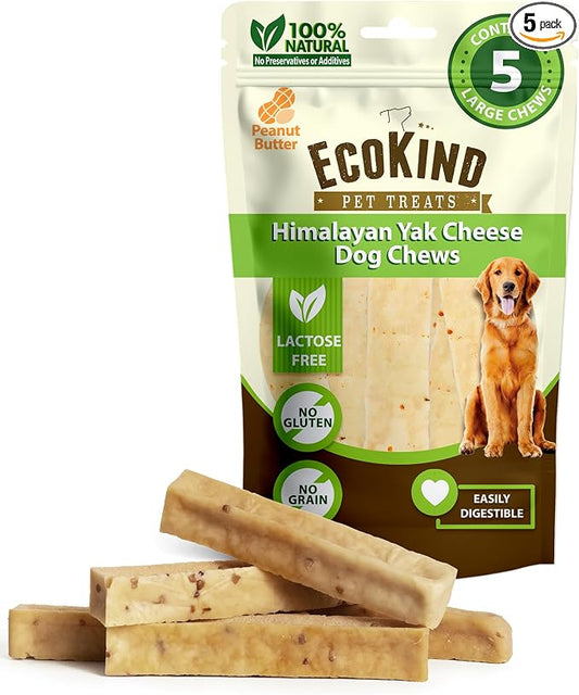 EcoKind Yak Cheese Himalayan Dog Chews, Yak Chews for Large Dogs, Long Lasting Bone for Aggressive Chewers, Only 4 Ingredients, Natural High Protein Treat, No Additives, Peanut Butter, Large - 5 Chews