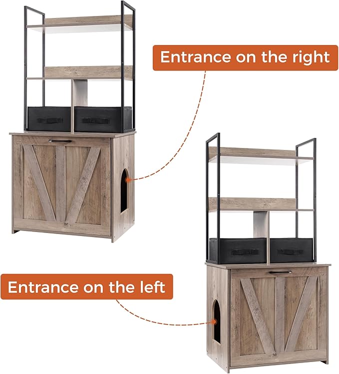 DWANTON Litter Box Enclosure with 2 Storage Shelves and 2 Drawers, 2-in-1 Hidden Cat Litter Box Enclosure Furniture with Shelf, Reversible Entrance, Washable Drawers, 50-Inch, Greige