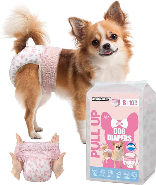Dono Disposable Pull It Up Female Dog Diapers, 360° Stretchy Waist Puppy Diapers, Super-Absorbent Doggie Diapers with Rapid-Dry Technology Leak-Proof Design for Doggy in Heat Period, S 10 Pcs