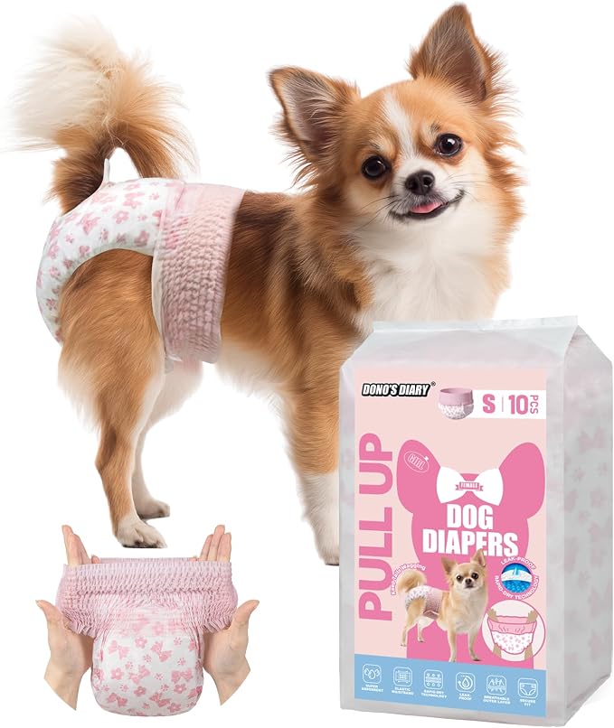 Dono Disposable Pull It Up Female Dog Diapers, 360° Stretchy Waist Puppy Diapers, Super-Absorbent Doggie Diapers with Rapid-Dry Technology Leak-Proof Design for Doggy in Heat Period, S 40 Pcs