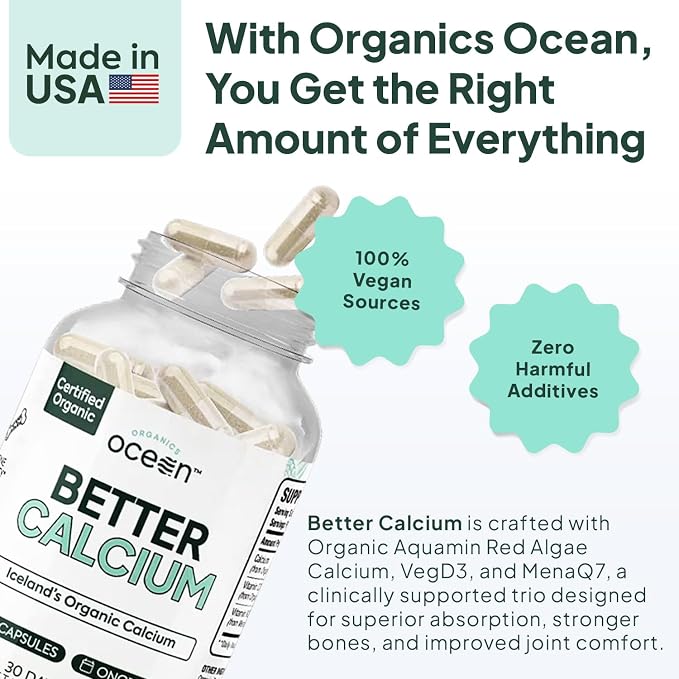 Organics Ocean Better Calcium - Organic Red Algae Calcium with Vitamin D3 and K2 Supplements - Supports Bone Structure, Joint Comfort & Encourages Healthy Aging - Plant-Based, Non-GMO - 3 Pack