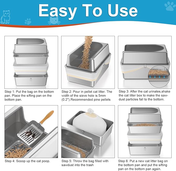 XXL All Stainless Steel Sifting Litter Box with Lid,Sifting Cat Litter Box for Wood Pine Pellets,High Sides Sifter Litter Pan System,Odor Control,Easy to Clean,with Liners and Scoop