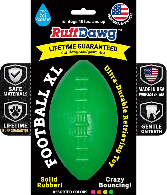 Ruff Dawg Indestructible Football XL 6” Green – Heavy-Duty Solid Rubber Dog Fetch Toy for Dogs 40 lbs & Up – Floats & Crazy Bounce – Made in USA