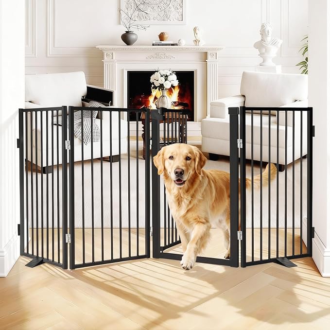 Snagle Paw Metal Freestanding Dog Gate with Door,80” W x 36” H Dog Fence with Support Feet for Doorways, Stairs and Hallways, Portable Pet Gate for Indoor Use (4 Panel, Black)