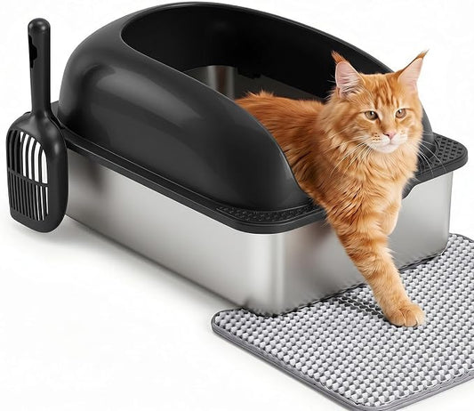 Extra Large Cat Litter Box with Lid, Stainless Steel Cat Litter Box with Scoop and Mat, High Walls for Anti-Urine Leakage, Easy Cleaning, Black