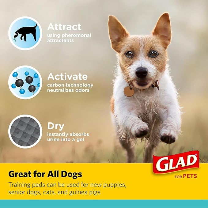 Glad for Pets Black Charcoal Puppy Pads, 120 Count, 17.5 x 23.5 Inch, Charcoal Odor Neutralizing, Super Absorbent, Leak-Resistant Edges, Pheromone Attractant, Disposable - 2 Pack