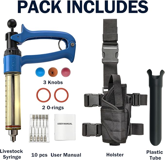 50mL Adjustable Repeater Syringe + Heavy Duty Belt Holster Continuous Injector (1-5mL) & Hands Free Carrier Bundle for Cattle, Sheep & Swine, Blue Syringe & Black Holster