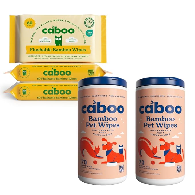 Caboo Flushable Wipes 3 Pack + Pet Wipes 2 Pack Bundle - Natural Bamboo Based Paper Products - Sustainable Alternative to Plastics and Papers for Home, Travel, and Personal Care