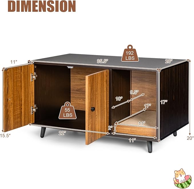 Tangkula Cat Litter Box Enclosure, Cat Washroom W/Divider, Scratching Pad, Metal Leg, Enclosed Cat Box Cabinet Pet House W/Double Doors, Litter Box Furniture Hidden for Large Cat (Walnut & Black)