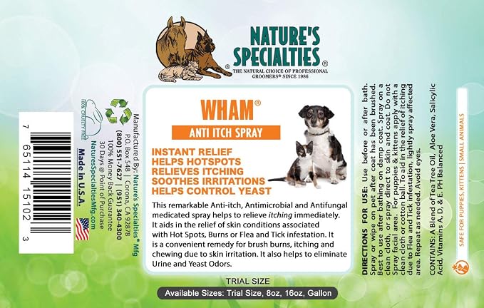 Nature's Specialties Wham Anti-Itch Medicated Dog Spray for Pets, Ready to Use, Instant Relief, Soothing, Sensitive Skin, Scratching, Made in USA, 16 oz