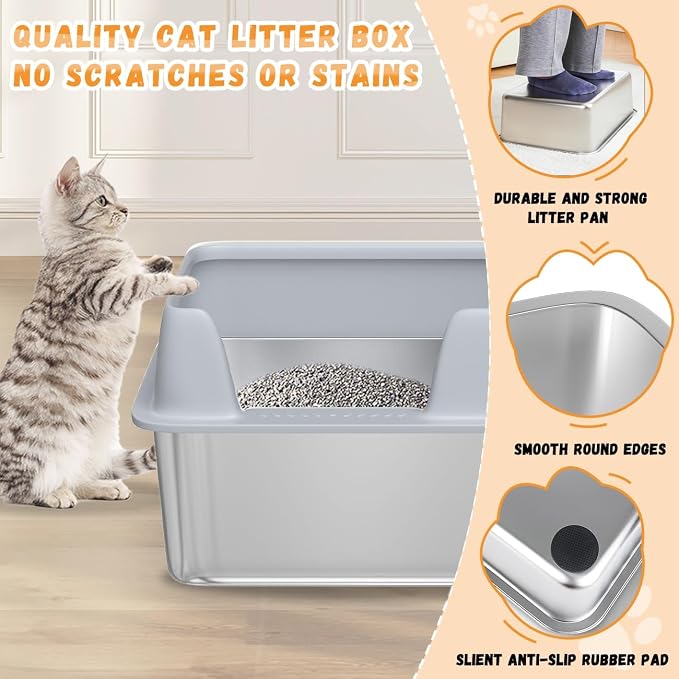 Stainless Steel Cat Litter Box with Lid, High Side Litter Box Enclosure, Enclosed Litter Box for Big and Small Cats (One Size)