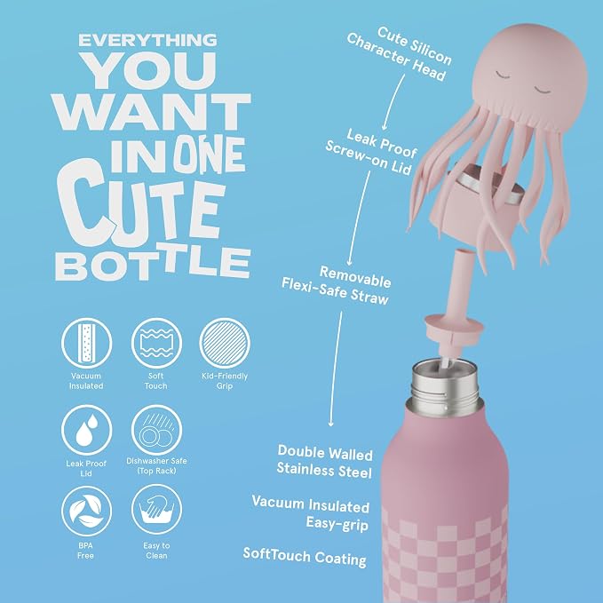 asobu Bestie Bottle Insulated Stainless Steel Water Bottle with Detachable Soft Animal Head Fun Drinking For Kids and Teens with Flexible Reusable Straw 16 Ounce