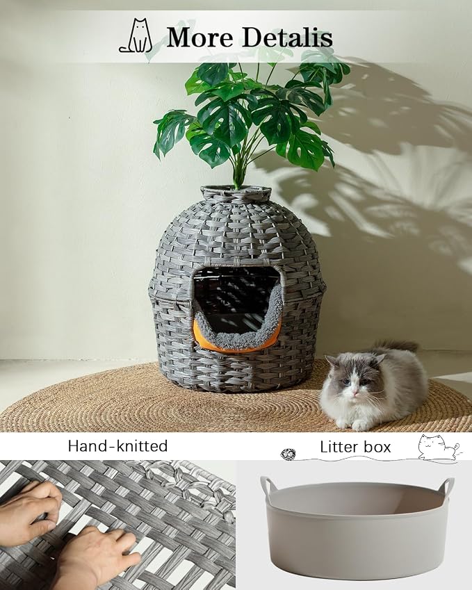 SETVSON Cat Litter Box Plant Enclosure, Hidden Handwoven Rattan with Cat Litter Box Furniture and Artificial Plants, Odor Control Filter, Real Stones in Living Room, Bedroom, Corner (Gray)
