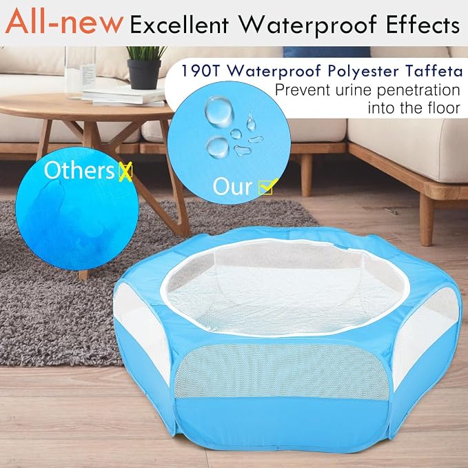 Pawaboo Small Animals Playpen, Waterproof Small Pet Cage Tent with Zippered Cover, Portable Outdoor Yard Fence with 3 Metal Rod for Chick/Kitten/Puppy/Guinea Pig/Rabbits/Hamster/Chinchillas,Light Blue