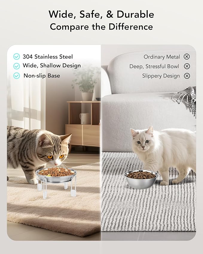 Elevated cat Bowl, 6.3" Wide Raised Stainless Steel Cat Food and Water Dishes, Small Dog Bowl, Whisker Friendly, Anti-Vomiting, Neck Stress-Free, Non-Slip Stainless Steel Stand with 4 Legs- 2Pack