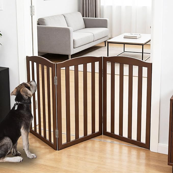 Freestanding Dog Gate Indoor,Doggie Gate Foldable Pet Gates for Doorways,Stairs or Hallways, Wooden Brown Pet Gate for the House, Pet Fence,24 "Height-3 Panels