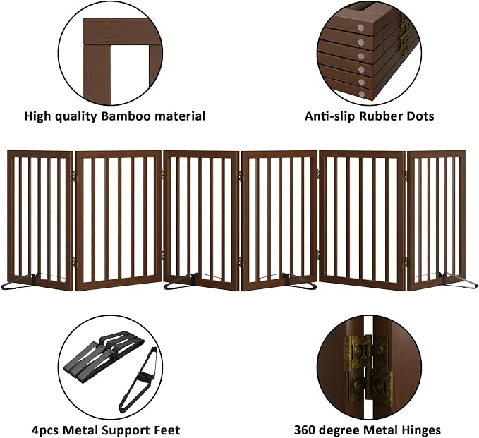 Wooden Dog Gate Freestanding Foldable 6 Panel Pet Gates Extra Wide Dog Gates for Indoor Doorways Stairs 24in Height Support Feet Included