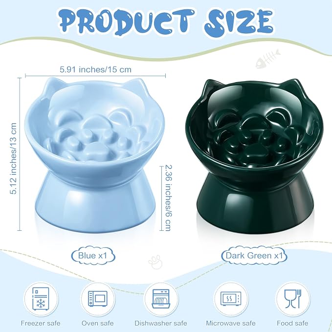 Funnymoom 2 Pcs Ceramic Raised Slow Feeder Cat Bowl, 5.91inch Elevated Cat Slow Feeder Bowl Tilted Anti Vomiting for Dry Wet Food and Water Easy to Clean High Edge(Dark Green, Blue)