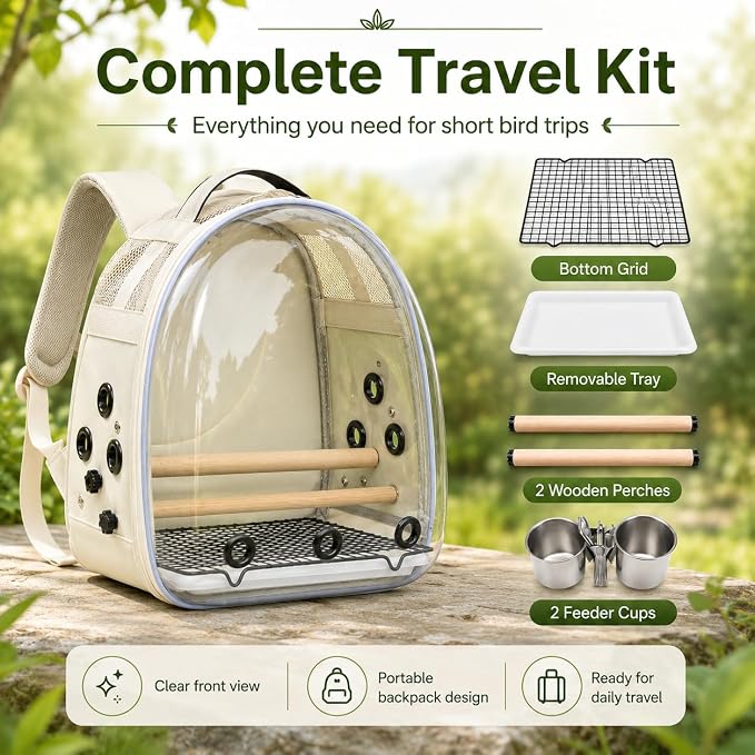 Bird Carrier Backpack for Small Medium Birds, Bird Travel Cage with Adjustable 2 Wooden Perches, Removable Tray, Feeder Cups Sunshade Cover,Bird Backpack for Parakeet Cockatiel Conure Quaker Lovebird