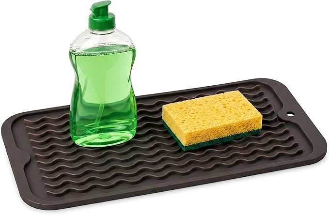 ZLR Silicone Sink Caddy Tray (6" x 12" / 153 x 305mm) - Narrow Sponge Holder for Kitchen Counter - Waterproof Dish Drying Mat, Non-Slip Soap Dispenser Mat & Bathroom Vanity Organizer (Coffee)