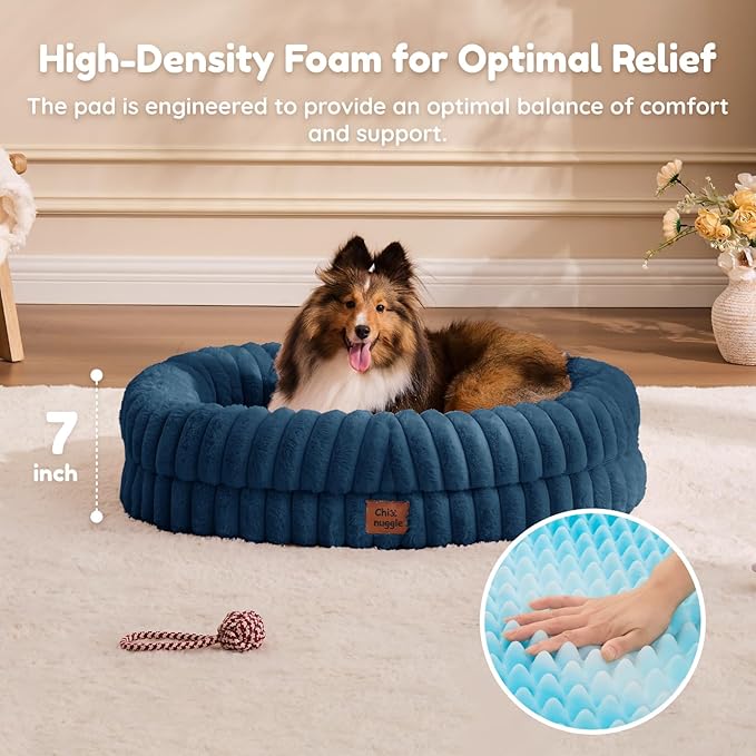 ChiXnuggle Orthopedic Dog Bed for Medium Dogs, Waterproof Faux Rabbit Fur Dog Couch with Egg Crate Foam Support and Washable Removable Cover, Bolster Pet Sofa with Non-Slip Bottom, 30x24x7, Navy