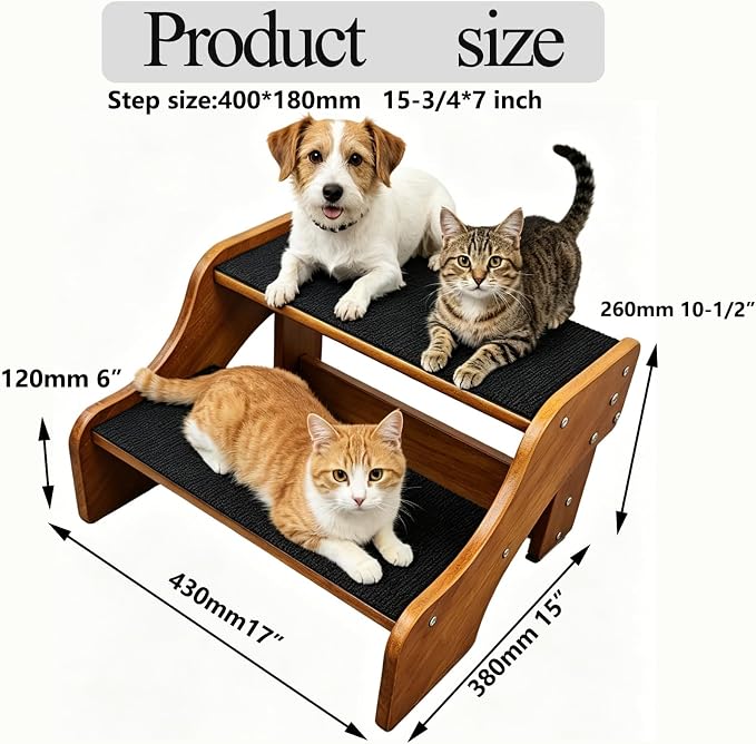 Solid Wood pet Staircase Walnut Paint, Dog Ladder, Suitable for high beds, Sofas, and Cars, with a Weight Capacity of 500 pounds, Anti Slip Staircase, Suitable for Large Pets (Walnut 2 Steps)