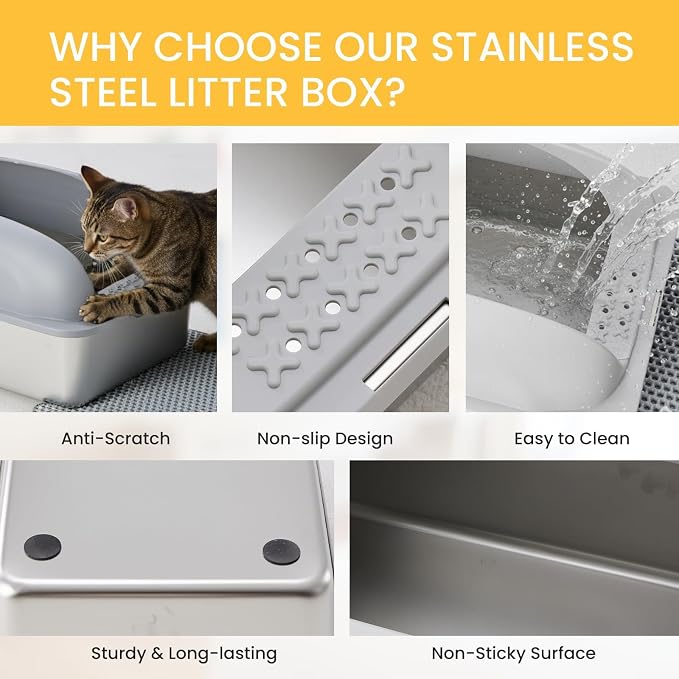 Simple Deluxe XL Stainless Steel Cat Litter Box with Lid, 24" x 16" x 12" High Sided Metal Litter Pan for Large Cats, Urine-Proof Non-Stick, Light Gray