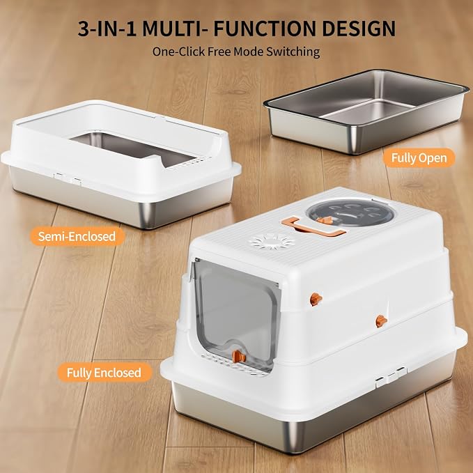 Stainless Steel Cat Litter Box with Lid, Extra Large Enclosed Metal Litter Pan with High Sides, Full Flip Cover Litter Box for Large Cat, Include Scoop & Step, Leak Proof Easy Clean Odor Control,White